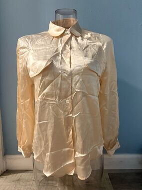 Women's Vintage Cream Satin Button-Front Blouse
